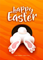 Happy easter greeting card with funny cartoon white easter bunny ass, foot, tail in the hole. celebration holiday lettering text.