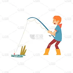 用鱼竿钓鱼的男孩，可爱的小渔夫卡通人物矢量插图