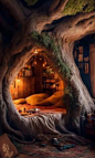 This may contain: a bed in the middle of a tree trunk