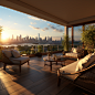 3d rendering of an apartment balcony with wooden furniture and views of the city, in the style of kuang hong, unprimed canvas, warm tonal range, exotic, linear and airy --s 750