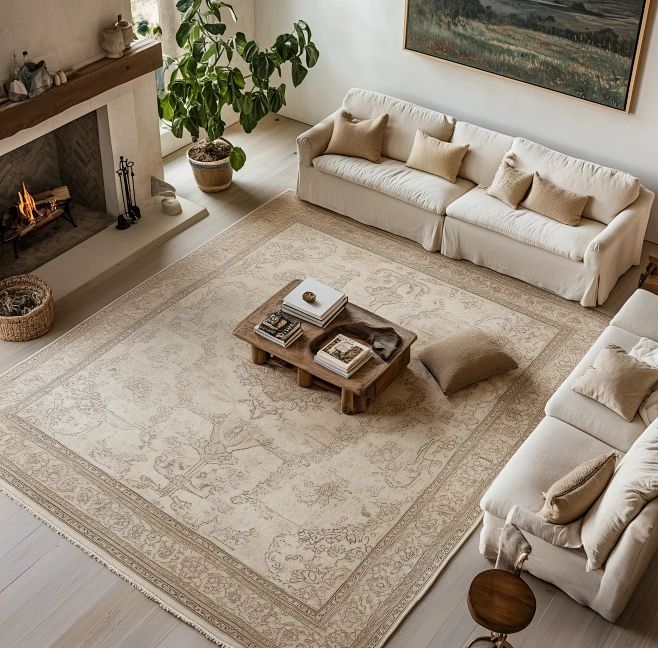 phmj001_A_large_light_beige_vintage_area_rug_with_intricate_pat ...