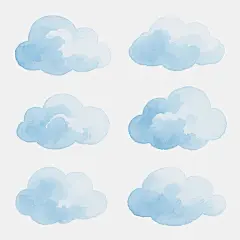 一组由6个不同造型和角度的云朵组成的系列素材集合，每个云朵都具有相同的水彩风格、柔和边缘和蓬松质感，整体采用统一的浅蓝色配色，所有云朵规整地排布在纯白色的纯色背景上，保持云朵元素内容不变，仅在形态和视角上进行变换，营造出和谐统一又富有变化的视觉效果。