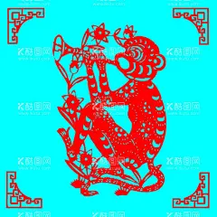 猴子剪纸  - 源文件下载【酷图网】猴子,动物,生肖,可爱,吹号,剪纸,线条,矢量,传统,装饰,窗花,插画,