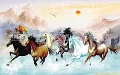 骏马图  - 源文件下载【酷图网】山水背景墙,骏马,落日,飞鸟,万马奔腾,落日余晖,