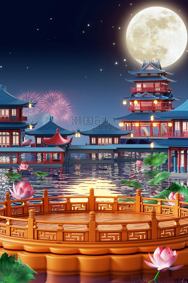 3D立体中秋节中国风建筑月饼展台赏月场景-花瓣网