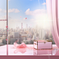 a pink box with flowers in it, in the style of grandiose cityscape views, with white curtains，anime inspired, glass as material, soft and dreamy atmosphere, spectacular backdrops, playful details, spatial concept