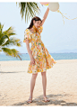 三彩2021夏季新款初恋甜美灯笼袖娃娃裙方领高腰印花短款连衣裙女-tmall.com天猫