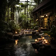 (3/4)一个烛光照亮的室内瀑布位于热带酒店内，风格仿佛大自然的森林景象，户外场景，深灰色，蔡司巴蒂斯18mm f/2.8，丰富而沉浸式的体验，宁静的花园景观，崇高的荒野(AI绘图来自WeDraw.art)