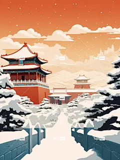 冬天的故宫，东方建筑，白雪和深红色的墙壁相互映衬海报