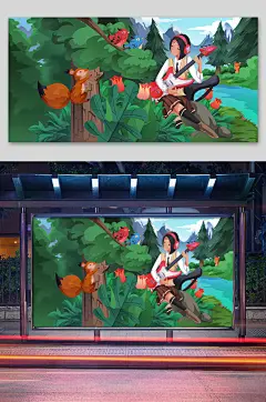 手绘春天春季森林音乐少女插画