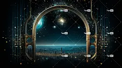 黑底通向太空的窗户，淡青色和金色，拱形门口，高地平线，宇宙主