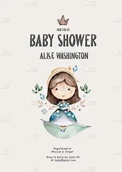 这是一张有小公主的女孩卡片。婴儿淋浴邀请函。一周岁生日贺卡.