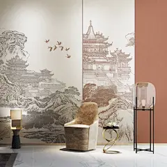 中式复古手绘阁楼背景墙纸壁纸