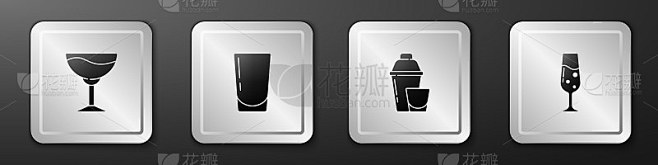 设置酒杯，玻璃与水，鸡尾酒摇壶和香槟的图标。银广场按钮。向量