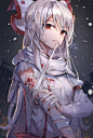 Anime picture touhou fujiwara no mokou unity (ekvmsp02) long hair single tall image looking at viewer highres fringe red eyes signed payot silver hair upper body outdoors long sleeves night blurry night sky torn clothes 2480x3679 577767 en
