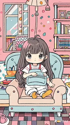 涂鸦，手绘，线描，矢量插画，平面，可爱的小女孩，长头发齐刘海，在沙发中玩耍，背景是室内，可爱粉嫩的配色(88)