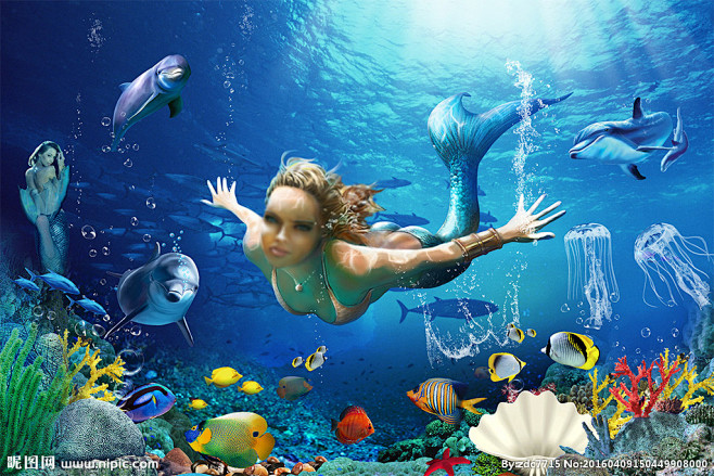 深海美人鱼插画风格背景墙