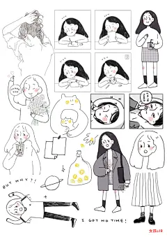 日韩系手绘北欧女孩情侣简笔条线卡通人物男孩打印手帐贴纸不干胶-淘宝网