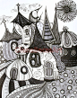 Black Grey White ORIGINAL ABSTRACT Fantasy Fairy Tale Town Mixed Media Ink Gouache Illustration 11"x14"., via Etsy. By Olena Baca