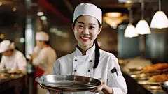 (4/4)一个穿着亚洲厨师制服的女孩，在厨房前微笑着，以照片逼真的技术风格，创新技术(AI绘图来自WeDraw.art)