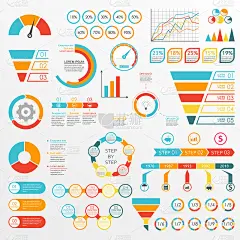 信息图设置与图表，图表，漏斗，箭头，图表，压力表，速度表。带百分比的圆图和带分段的饼图。矢量插图。