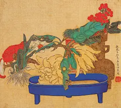 《灵芝佛手图》
清 任薰 绢本设色 纵27.6厘米 横30.3 厘米 南京博物馆藏
任薰是任熊之弟，不到20岁时，即以卖画为生，常往返于萧山、宁波、杭州、苏州、上海等地。他治学严谨，在写生和临摹上均下过很大功夫。他的画承兄法，人物常用高古游丝、铁线、行云流水、兰叶几种描法，画风古雅，有出蓝之妙。此画笔绘灵芝和佛手。设色浓丽，笔法工整严谨。