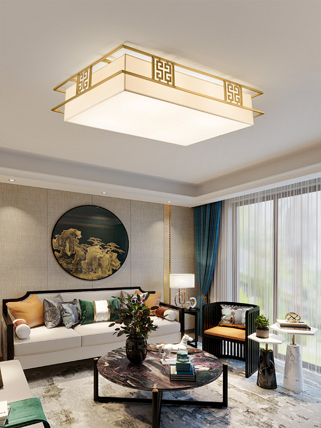 新中式吸顶灯全铜客厅简约大气家用卧室圆形...