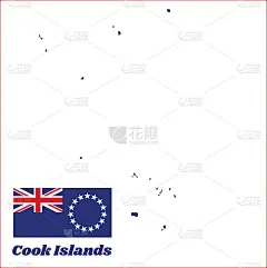 库克群岛的地图和旗帜，蓝色的旗子上挂着一圈十五颗白星。名字文本为库克群岛。