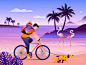 Riding boy bicycle bird tree dog illustration