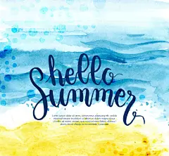 水彩绘你好夏季沙滩大海矢量素材.jpg