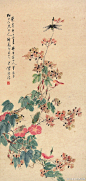 【 陈康侯 《花卉草虫图》 】陈康侯（1866-1937），字锡蕃，号风来堂主人，扬州人，是王素以后扬州画坛最著名的画家之一。陈康侯最为突出的成就就是花鸟画。其画风清新秀丽，质朴自然、构图疏朗灵动，造型生动传神。他的花鸟画作品，在追求传统技法的基础上，重视写生，引入西洋画的透视技法，以形写神，他常常捉各种小虫置于瓶中，观察其动态，使笔下草虫有形、有神、栩栩如生。