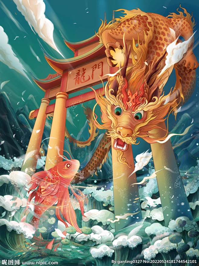 鲤鱼跃龙门插画海报-花瓣网
