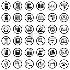 词典的图标。圆形黑色平面设计。矢量插图。