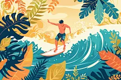 扁平风冲浪手绘夏天插画