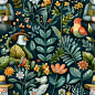 digital seamless pattern for dad has flowers, leaves, birds, 4-5 colors, a complex cartoon image with an old man gardening, 3d