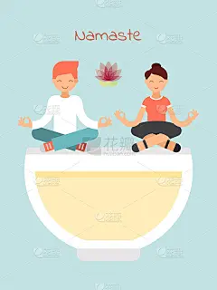 保持冷静瑜伽概念，男性女性坐莲花位置孤立在蓝色，平面矢量插图。人物放松姿势。