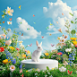 a realistic photo of a podium product display set on the grass among the spring time with colorful flowers, blue skies, white rabbits, colorful butterflies, magical feeling