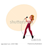 Young pretty woman singing karaoke, holding microphone, side view cartoon vector illustration with space for text. Full length portrait of karaoke singer, competition, party, celebration