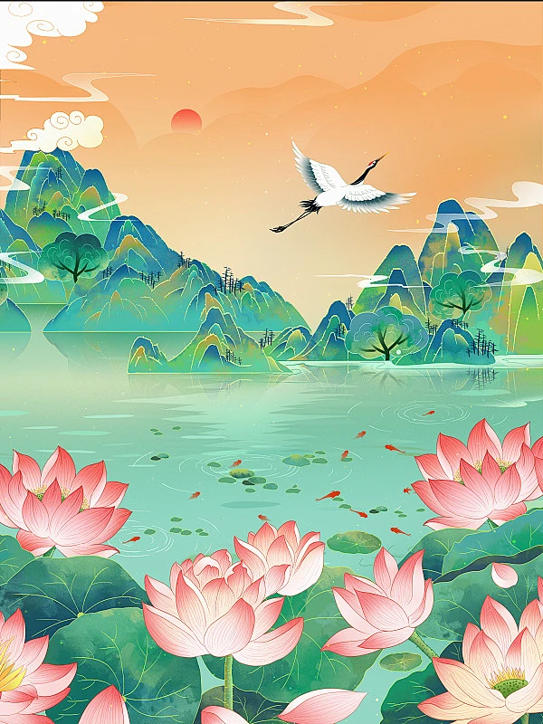 苏州西湖荷花山水美景国潮风插画 苏州园林插画下载-花瓣网