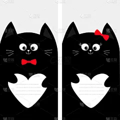 黑猫家的小猫手里拿着空的心形纸。红色的蝴蝶结。海报笔记本封面作文书模板。可爱的卡通人物。宠物宝宝收集
