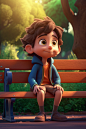Pixar style, a cute little boy sitting on a bench in a park, zoom