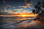 Sunrise on a tropical island. Palm trees on sandy beach.