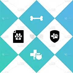 设置狗或猫的医疗证明，兽医诊所，狗骨头和动物健康保险图标。向量