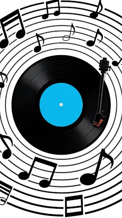 极简主义风格海报，以白色为背景，中央是一个黑色同心圆线条环绕的留声机唱片，唱片中心为鲜艳的蓝色圆形，唱片边缘连接着黑色的唱臂，周围散布着多个大小不一的黑色音乐音符，整体构图简洁对称，线条流畅，视觉层级清晰，色彩对比鲜明，传达出音乐主题的简约现代感。
