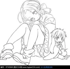 少女和小孩卡通手绘线稿,卡通人物图片,动漫人