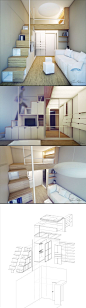 国外小户型一居室LOFT白色简约风格，loft bed居然是嵌入式的。