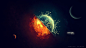 General 2560x1440 digital art space universe planet Sun moon Earth fire burning water splashes coexist