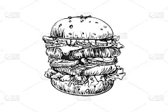 汉堡矢量标识设计模板。快餐或餐厅图标。手绘插画的汉堡汉堡三明治素描风格。