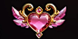 This may contain: a heart shaped brooch with wings and a pink stone in the center on a black background