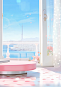 pink goop in the window, in the style of grandiose cityscape views, light white and sky-blue, tactile surfaces, 32k uhd, seaside vistas, polka dots, perspective rendering
